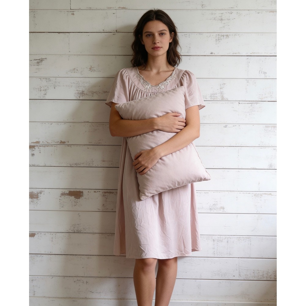 Miss Elaine Pink Embroidered Nightgown House Dress Peasant Vintage Sz Large
